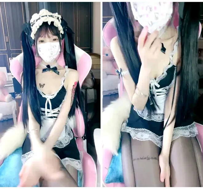 女仆服に穿つ黒いタイツが魅力的な双马尾少女たちによるライブ配信